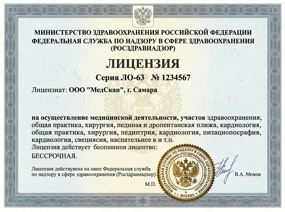 Скан медицинской лицензии Росздравнадзора серия ЛО-63 на осуществление медицинской деятельности, гербовая печать, официальный бланк